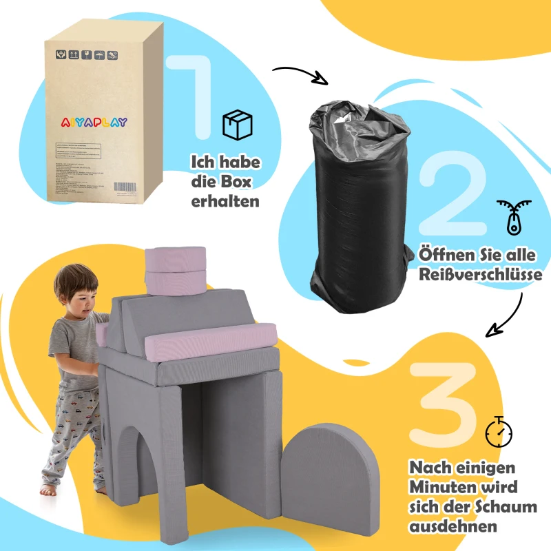 AIYAPLAY Modulares Kindersofa, 12 Softbausteine mit 6 Formen, waschbare Bezüge, Grau/Rosa