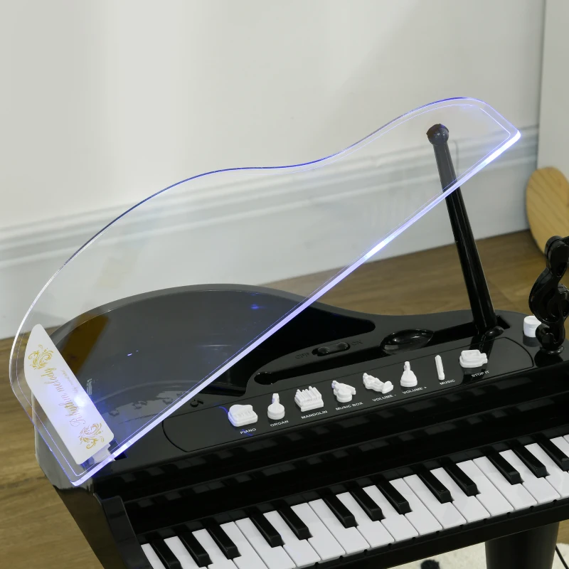 AIYAPLAY Juego de Piano Infantil de 32 Teclas con Micrófono Taburete Luces 22 Canciones y 4 Sonidos 37x30,5x60,4 cm Negro