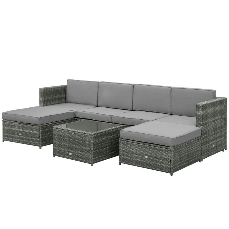 Outsunny 7-tlg. Polyrattan Gartengarnitur Gartenmöbel Garten-Set Sitzgruppe Loungeset Loungemöbel inkl. Fußhocker Sitzkissen Grau Stahl + Polyester 58 x 58 x 37 cm