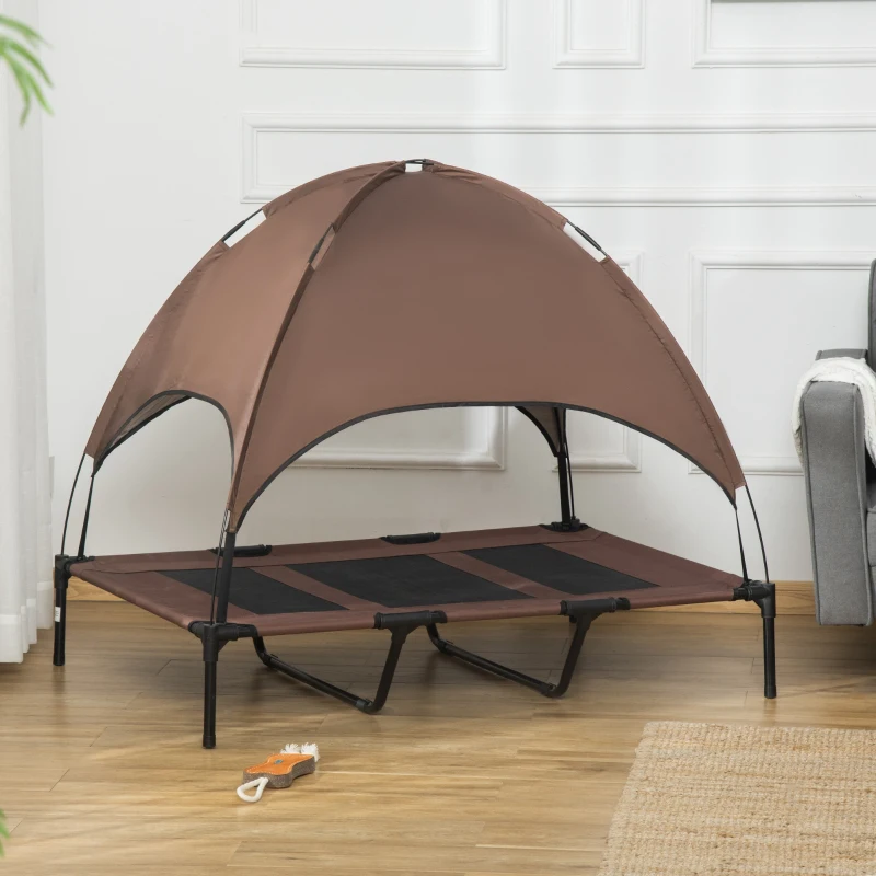 PawHut Raised Dog Bed Waterproof Elevated Pet Cot with Breathable Mesh UV Protection Canopy Brown, for XL Dogs, 122 x 92 x 108cm