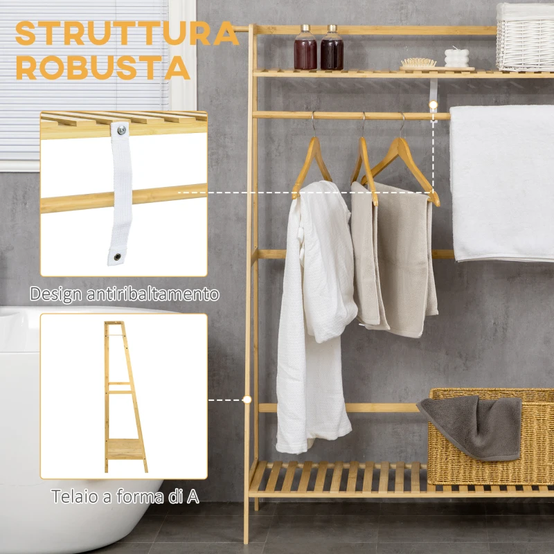 HOMCOM Appendiabiti in Bambù, Design Rialzato a 2 Livelli con Barra e 2 Ganci, 114x40x139 cm