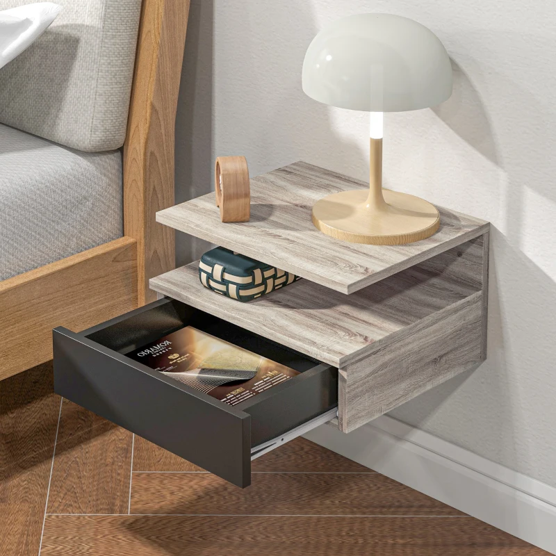 HOMCOM Juego de 2 Mesitas de Noche Flotantes Mesitas de Noche Colgantes con 1 Cajón y Estante Abierto para Dormitorio 35x32x22,5 cm Roble y Negro