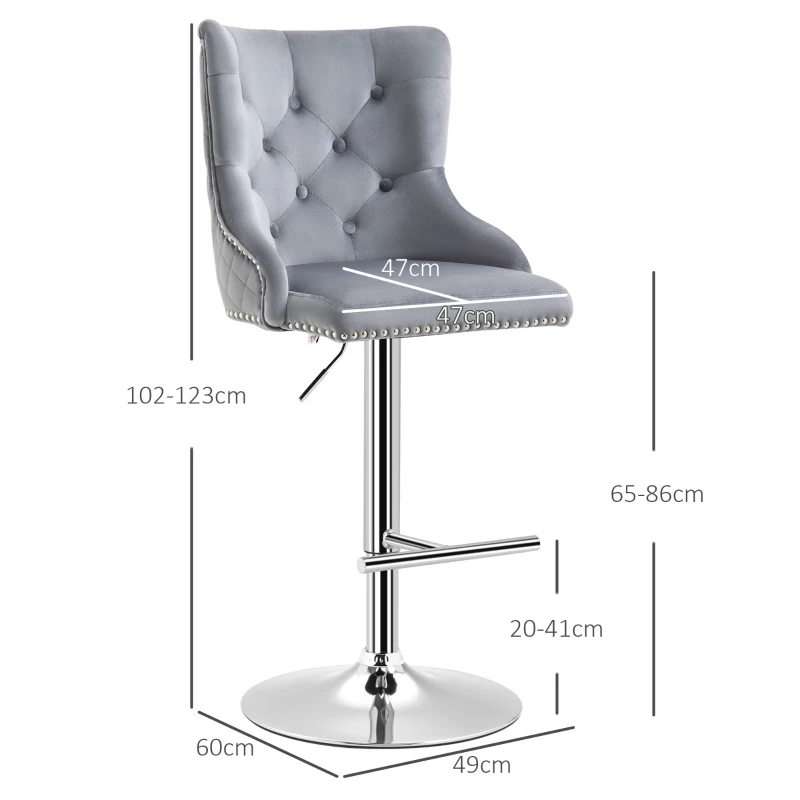 HOMCOM Bar Stools Set of 2, Modern Swivel & Adjustable Velvet Barstools with Button Tufted Back, Footrest, Nailhead Trim for Home Bar, Grey
