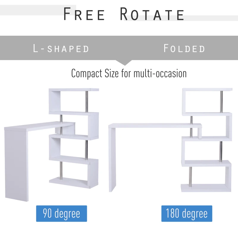 HOMCOM MDF L Shape Work Computer Desk Home-Office Wookstation w/Four-Tier Shelf Modern Display 360° Rotating Space Saver White