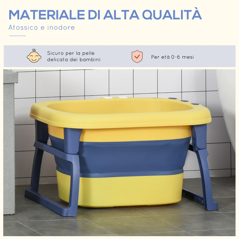 HOMCOM Vaschetta Bagnetto Neonato Pieghevole con Supporto Antiscivolo, Vaschetta da Bagno Portatile per Neonati e Bambini di 0-6 Anni con Foro di Scarico, 75.3x55.4x43cm, Blu e Giallo