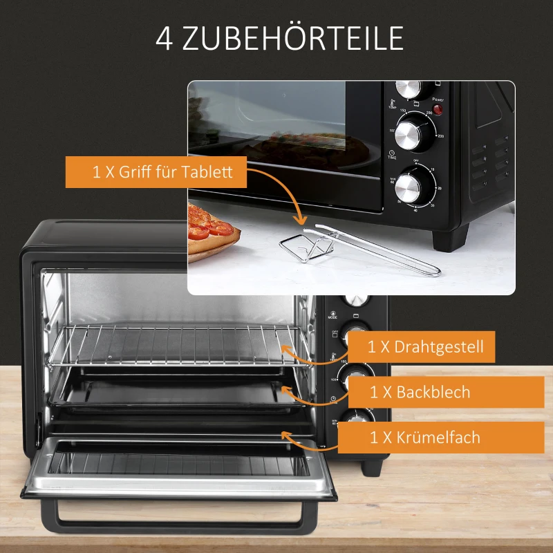 HOMCOM Mini-Oven Toasteroven, 1 Bakplaat, 1 Grillrek, Timer-functie, Zwart