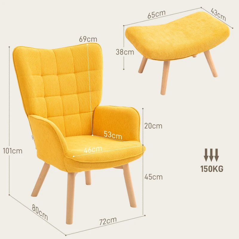 HOMCOM Akzentsessel mit Hocker, Relaxsessel in Cord-Optik, Armlehnstuhl mit Holzbeinen, für Wohnzimmer, Orange(m-3)