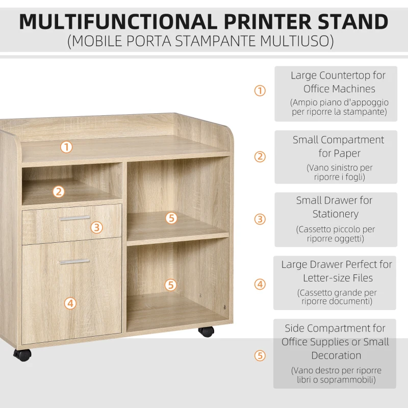 Vinsetto Mobile Porta Stampante, Mobile Ufficio, Mobiletto Basso, Mobile Multiuso con 4 Ruote, Rovere, 80x40x72cm