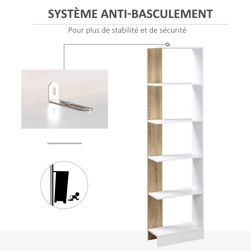 HOMCOM Bibliothèque Étagère de Rangement avec 5 Compartiments Ouverts Design Simple Moderne Idéale pour Salon Chambre Bureau 45 x 21 x 170 cm Blanc et Chêne