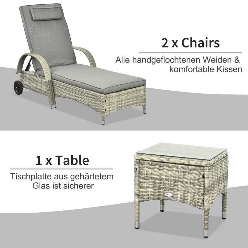 Outsunny Sonnenliege Gartenliege Tisch 3er-Set Gartenmöbel, Polyrattan+Metall Grau