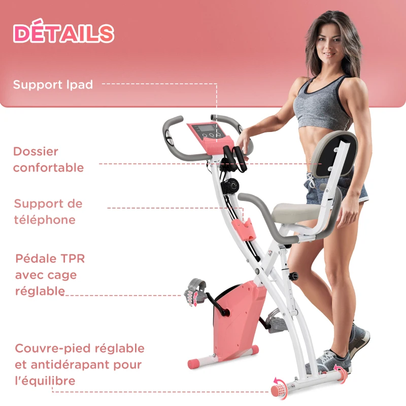 HOMCOM Vélo d'appartement pliable, vélo d'exercice, home traîner pour adultes, 8 niveaux de résistance magnétique, capteurs pouls main, écran LCD multifonction, selle réglable, acier, rose, blanc