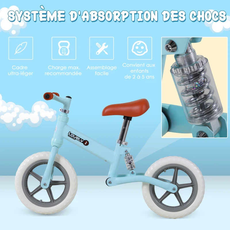 HOMCOM Draisienne Enfant Vélo Sans Pédales pour Enfants de 2 à 5 ans Roues 12" Suspension Selle Hauteur réglable Acier Bleu Ciel