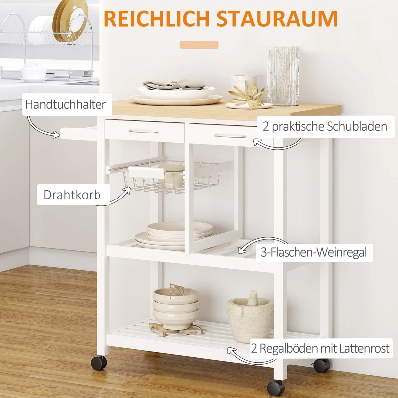 HOMCOM Küchenwagen rollbar Servierwagen Küchentrolley mit ausziehbarem Korb Weinflaschenhalter Holz weiß 84,5 x 37,5 x 85 cm