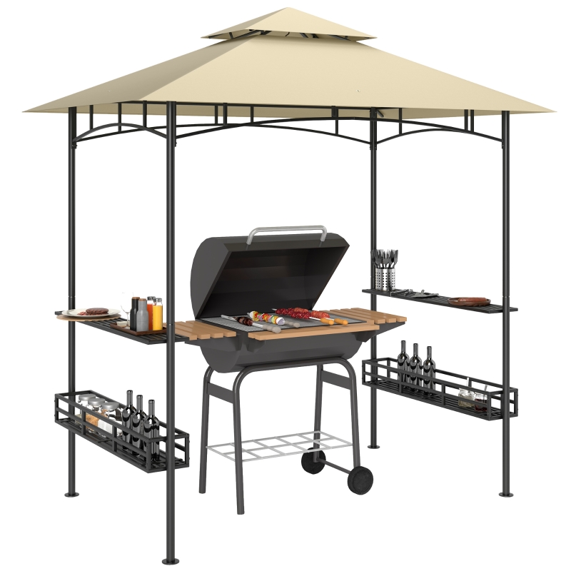 Outsunny 240 x 150cm Grill Gazebo Canopy, Double Tiered Outdoor BBQ Gazebo Shelter with 2 Side Shelves, Storage Baskets, Hook for Garden, Patio, Barbecue, Picnic, Beige
