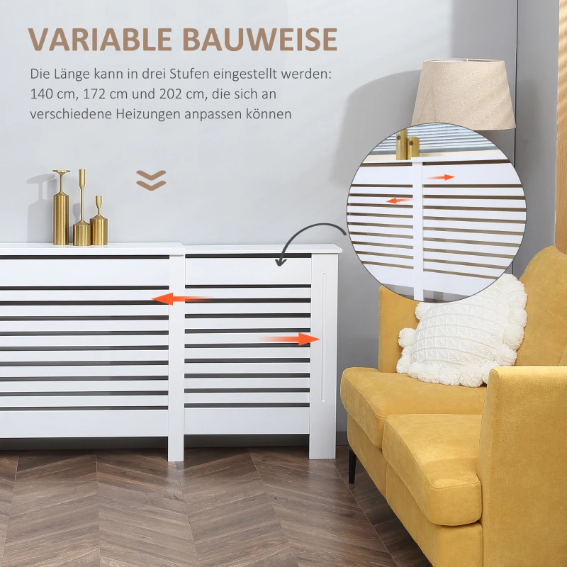 HOMCOM Heizkörperverkleidung Heizkörperabdeckung, MDF, einstellbar zwischen 140 und 202, 202 cm x 19 cm x 82,5 cm, Weiß