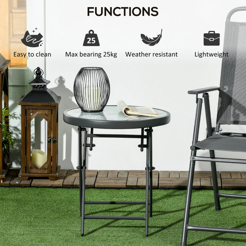 Outsunny Φ45cm Garden Side Table, Outdoor Round Folding Patio Table with Imitation Marble Glass Top, Small Coffee Table, White