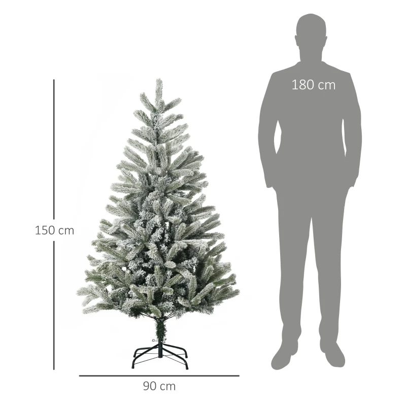 HOMCOM Árbol de Navidad Nevado Artificial 150 cm con 521 Ramas PVC y PE Base Plegable y Soporte de Metal Verde y Blanco