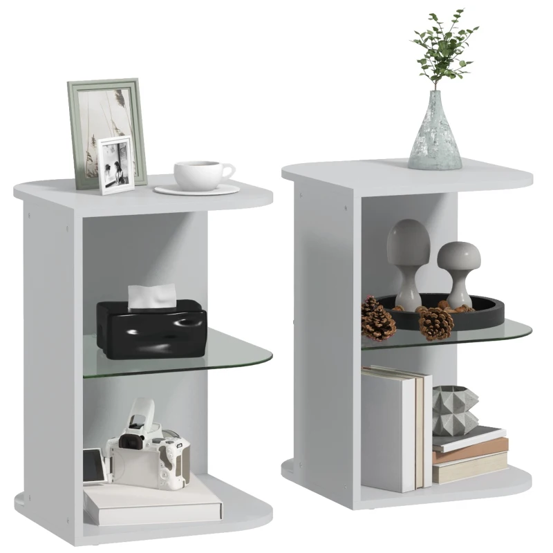 HOMCOM Modern Side Table Set of 2, Three Layer Bedside Table Nightstand with 2 Storage Shelves, for Living room, Bedroom, Grey