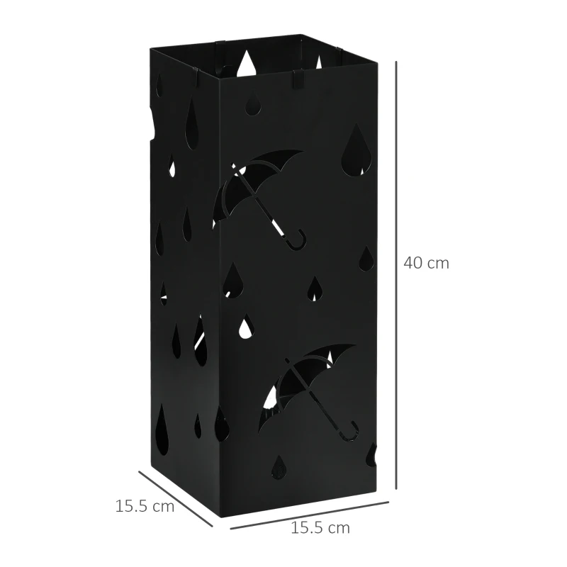 HOMCOM Portaombrelli in Metallo con 4 Ganci e Vaschetta Raccogligocce, 15.5x15.5x41cm, Nero