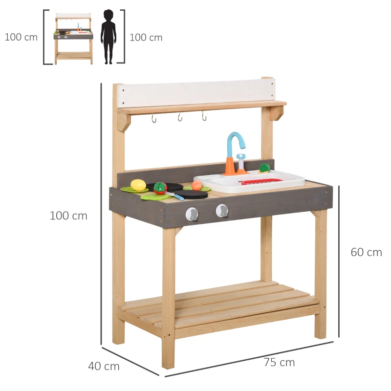 Outsunny Matschküche mit Wasserhahn Kinderküche mit Zubehör 14-Teilige Spielküche Spielzeugküche Holz Kunststoff Natur+Grau+Weiß 75 x 40 x 100 cm