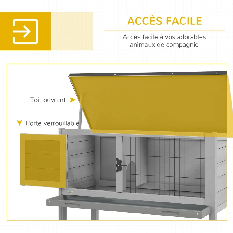 PawHut Clapier sur pieds cage à lapin avec niche intérieure plateau excrément coulissant porte verrouillable toit ouvrant(m-5)