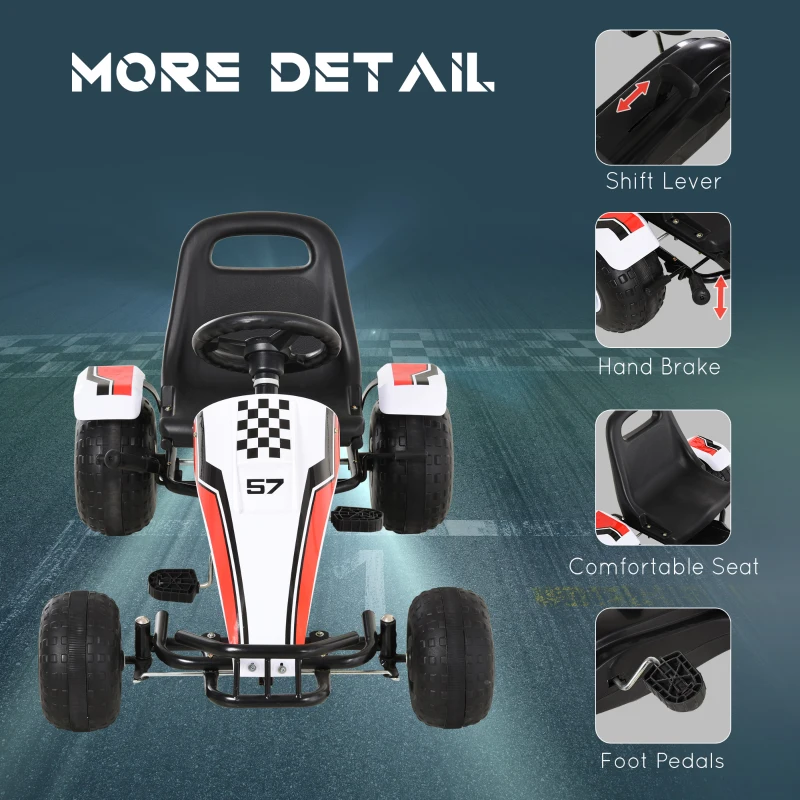 HOMCOM Kids Children Pedal Go Kart Manual Ride On Car w/ Brake Gears Steering Wheel Adjustable Seat 4 Smooth Wheels Racing-Style White 104 x 66 x 57 cm