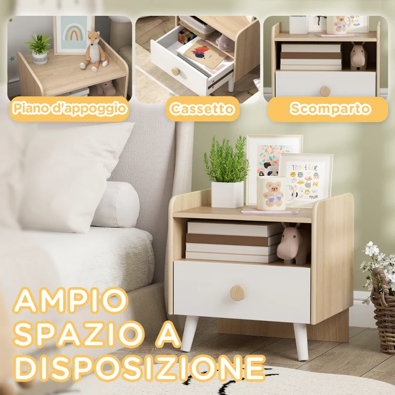 AIYAPLAY Comodino con Cassetto per Bambini 3-10 Anni in Legno e Legno di Pino, 40x32.5x40 cm, Bianco