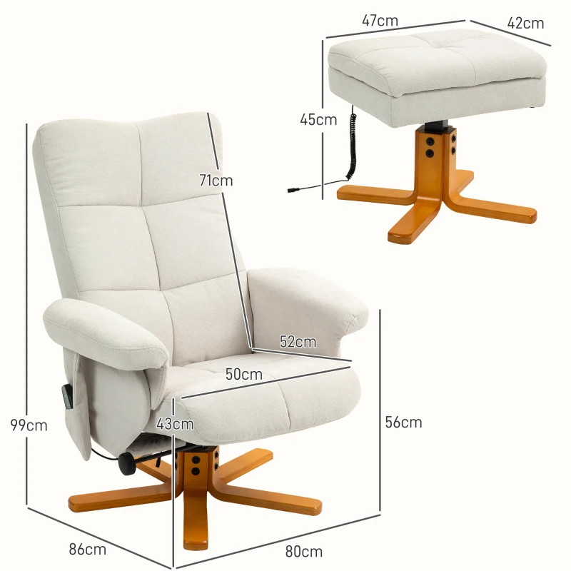 HOMCOM Massagesessel mit Liegefunktion und Fußhocker, 145°-Neigung, Polyester, 80 x 86 x 99 cm, Cremeweiß(m-3)