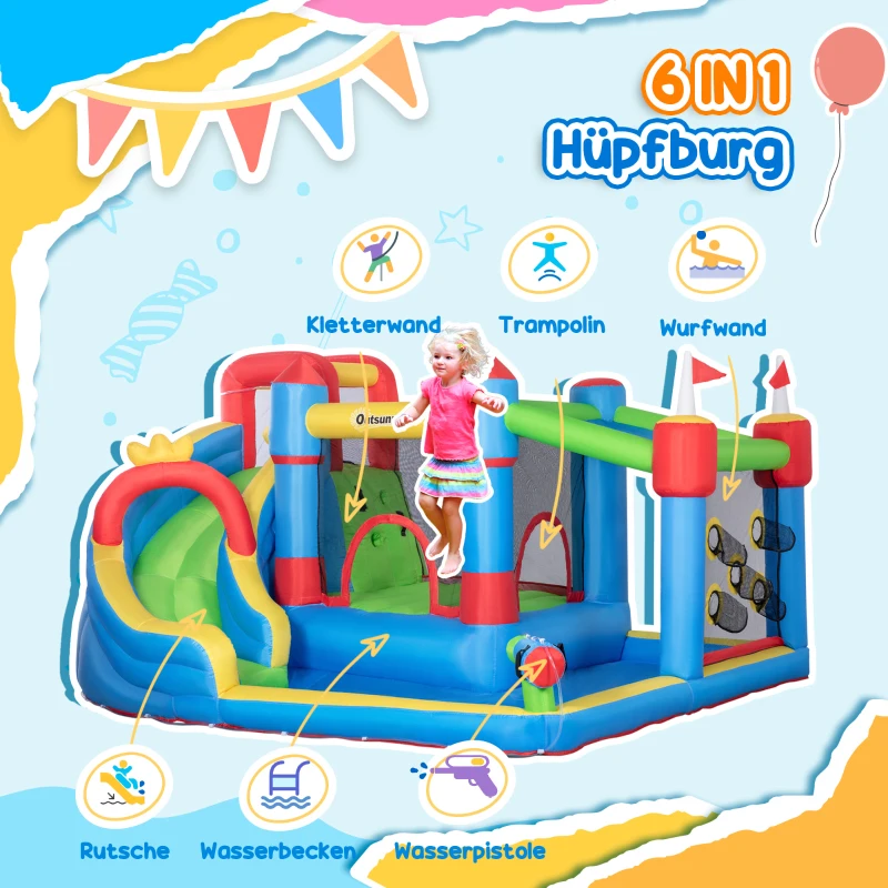 Outsunny Hüpfburg inkl. Gebläse, Märchenschloss; In- und Outdoor, 390 cm x 300 cm x 197 cm, Bunt