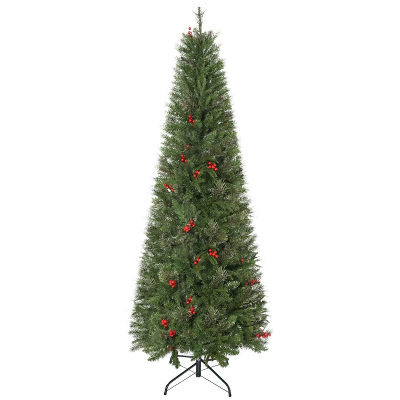 HOMCOM 6ft Pencil Artificial Christmas Tree with Realistic Branches, Red Berries, Auto Open, Green