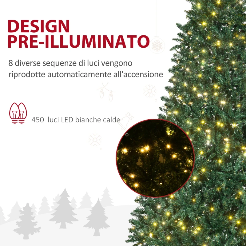 HOMCOM Albero di Natale Artificiale Luminoso con 450 Luci LED Bianche e 1146 Rami, Base in Metallo Pieghevole - Verde