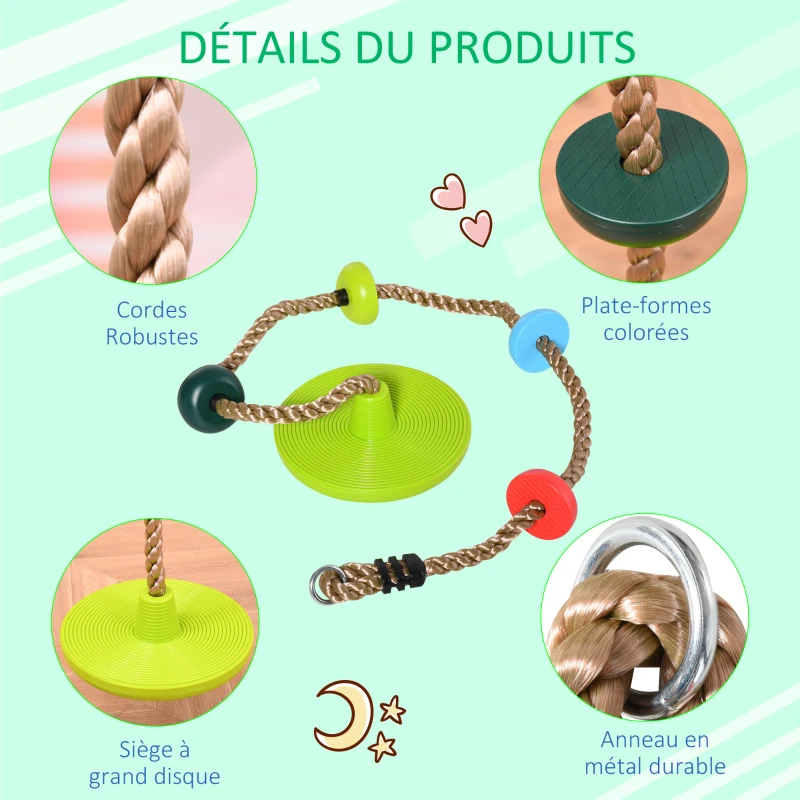 HOMCOM Corde d'escalade avec siège de balançoire Rond 2 m pour Enfant - Usage intérieur/extérieur - Charge Max. 100 Kg - PP Rouge Bleu Vert