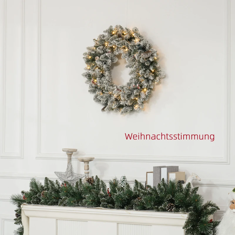 HOMCOM Weihnachtskranz mit LED-Beleuchtung, roten Beeren, realistisches Aussehen, Ø60 x 10 cm, Grün