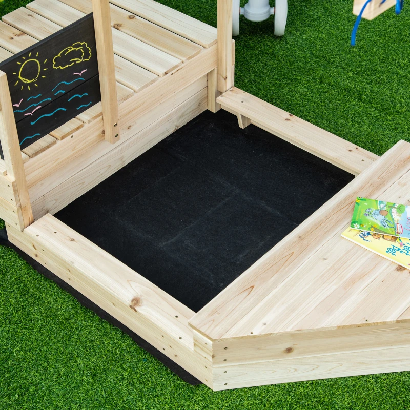 Outsunny Arenero Infantil de Madera Cajón de Arena de Jardín Diseño de Galeón con Vela Toldo Pizarra Bandera Roja y Timón para Niños de +3 Años 180x91,5x144 cm Natural