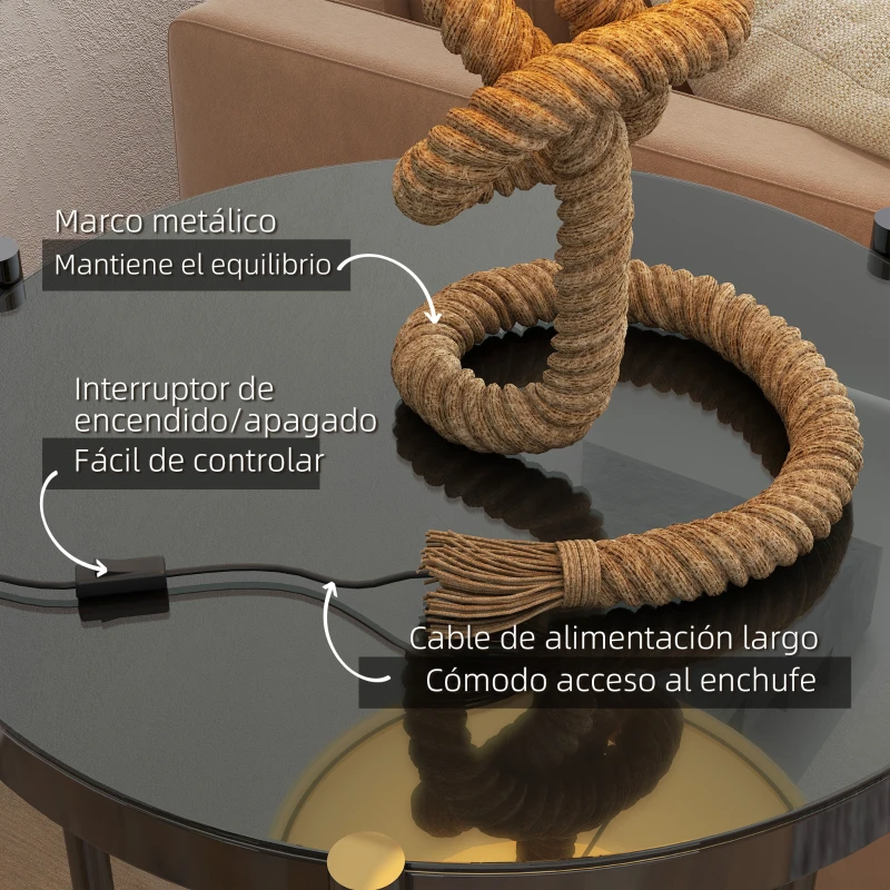 HOMCOM Lámpara de Mesa LED con Base de Metal Cuerda de Lino y Pantalla de Tela Max.40W Ø28x45,5 cm Marrón y Beige