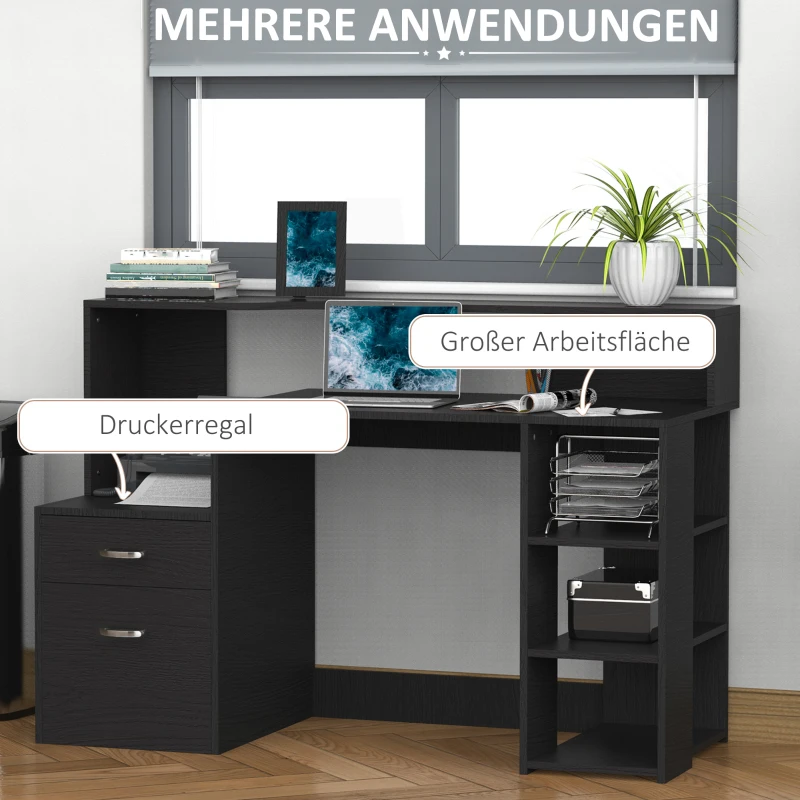 HOMCOM Schreibtisch mit Regal Computertisch Bürotisch mit Tischplatte für Drucker Schublade MDF Metall Schwarz 137 x 55 x 92 cm