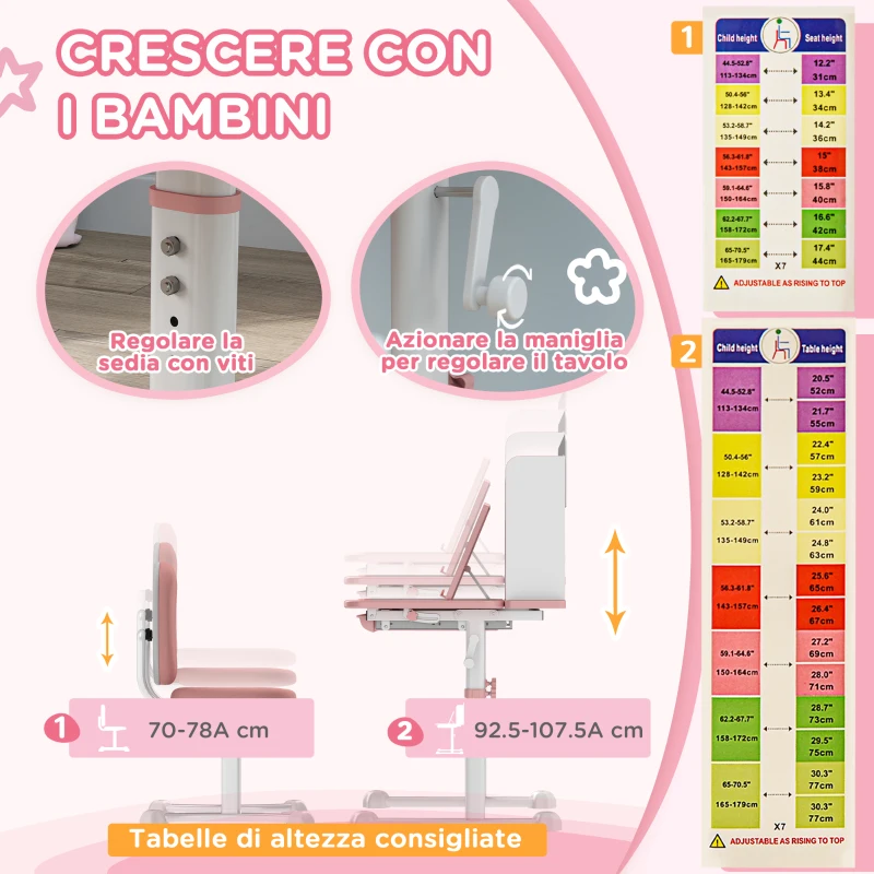 AIYAPLAY Set Scrivania e Sedia per Bambini Regolabili, Banco Scuola con Piano Inclinabile, Cassetto, Scaffale, Rosa