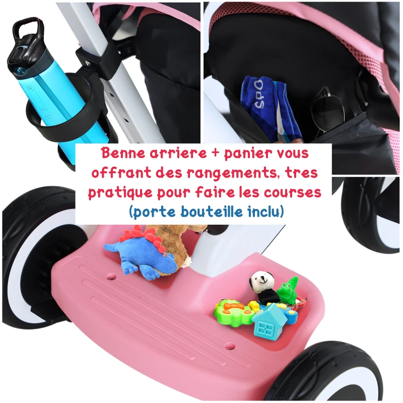 HOMCOM Tricycle enfant évolutif pare-soleil pliable canne télescopique amovible 115L x 54l x 96H cm métal rose blanc noir