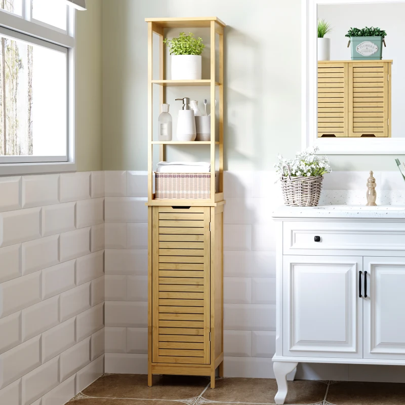 kleankin Badschrank, Hochschrank, drei Regalböden, ein Schrankfach mit Lamellentür, Kippschutz, Bambus, 34 x 30 x 173cm