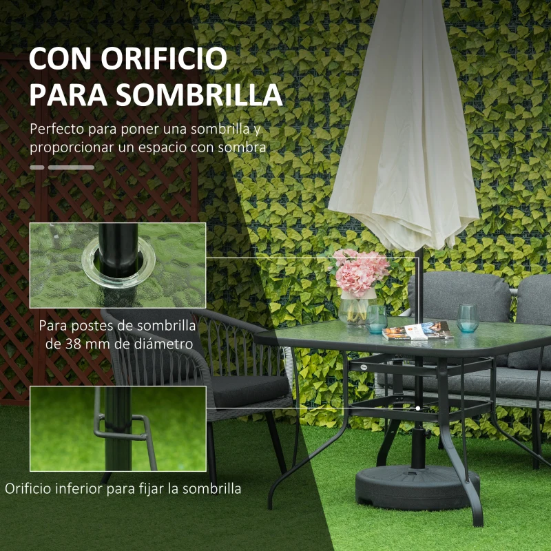 Outsunny Mesa de Cristal de Jardín con Agujero para Sombrilla Mesa para Comer Cuadrada con Marco de Acero para Exterior Terraza Balcón 106,5x106,5x71 cm Negro
