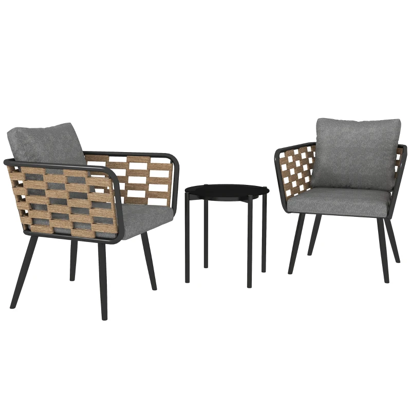 Outsunny 3 Pieces Rattan Bistro Set with Washable Seat and Back Cushions, Glass Top Coffee Table, for Outdoor, Patio, Black