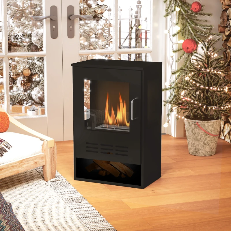 HOMCOM Ethanol Fireplace Stove with Shelf, Freestanding Bioethanol Fire, Indoor Ethanol Burner with 0.9 Litres Volume, Burns for Up to 3.3 Hours, 27 Inch, Black