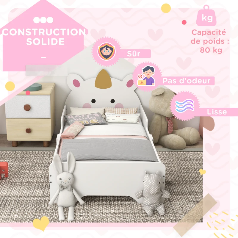 ZONEKIZ Lit enfant lit d'enfant design licorne 3 à 6 ans sommier à lattes inclus capacité de charge 80 kg 143 x 74 x 67 cm rose