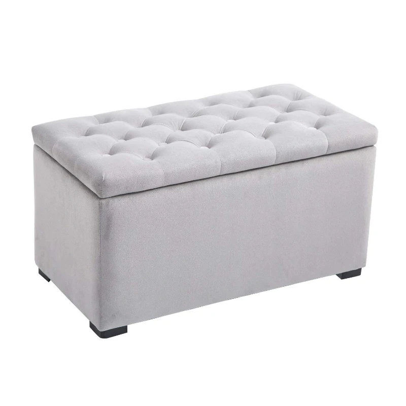 HOMCOM Panca Portaoggetti Set di 3 Pezzi con 2 Sgabelli Pouf in Velluto, Grigio Perla