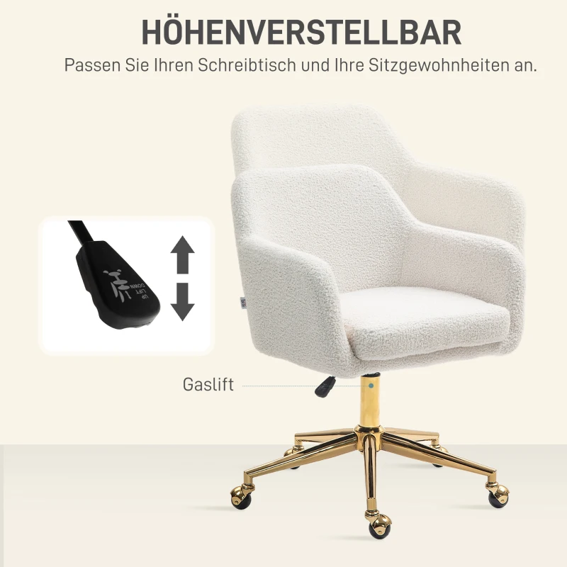 HOMCOM Homeoffice-Stuhl, höhenverstellbarer Bürostuhl mit Rollen, Samtartiger Bezug, Metallbasis, Cremeweiß(m-5)