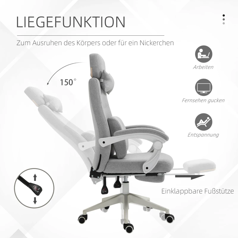 Vinsetto Bürostuhl, Ergonomischer Schreibtischstuhl mit Kopfkissen, Lendenkissen, höhenverstellbar Gamingstuhl mit Fußstütze, hoher Rückenlehne, Grau 62 x 68 x 117-127 cm