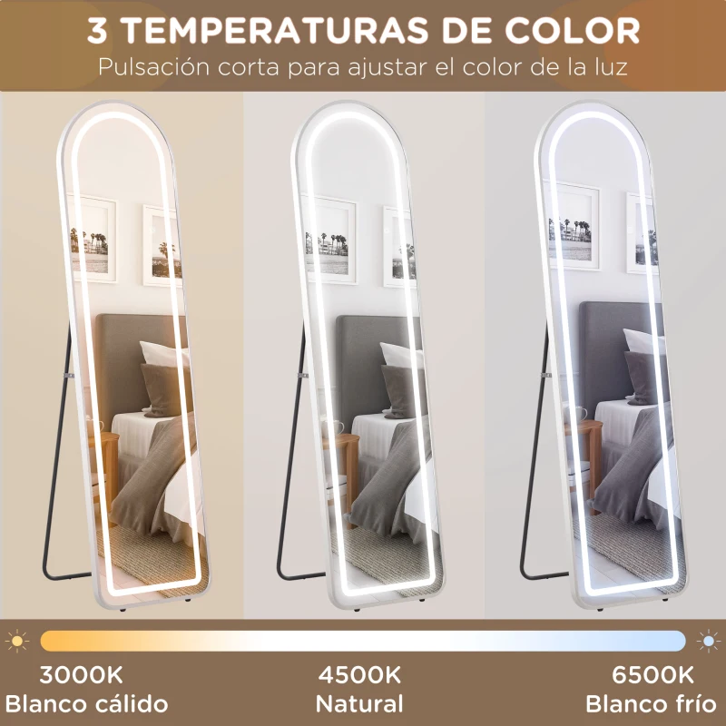 HOMCOM Espejo de Cuerpo Entero con Luces LED 150x40 cm Marco de Aleación de Aluminio Iluminación de 3 Colores Plata