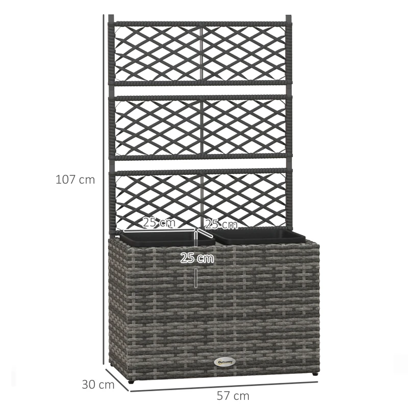 Outsunny 22 L Rattan Planter with Trellis, Freestanding Raised Beds for Garden with Two Plant Boxes, Outdoor Planter for Climbing Plants, Flowers, 57 x 30 x 107 cm, Mixed Grey