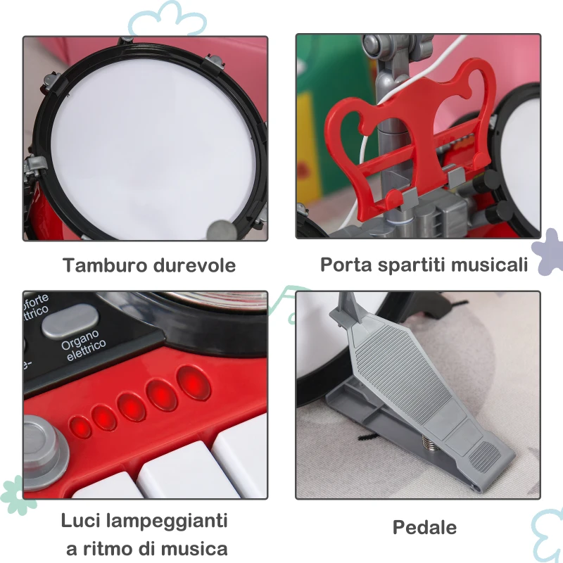 HOMCOM Set Batteria per Bambini con Strumenti Musicali, Batteria Jazz con 5 Tamburi e Sgabello, Giocattolo Musicale Educativo per Bambini, Effetti Sonori e Microfono Giocattolo, 77.5x40x76.5cm, Rosso