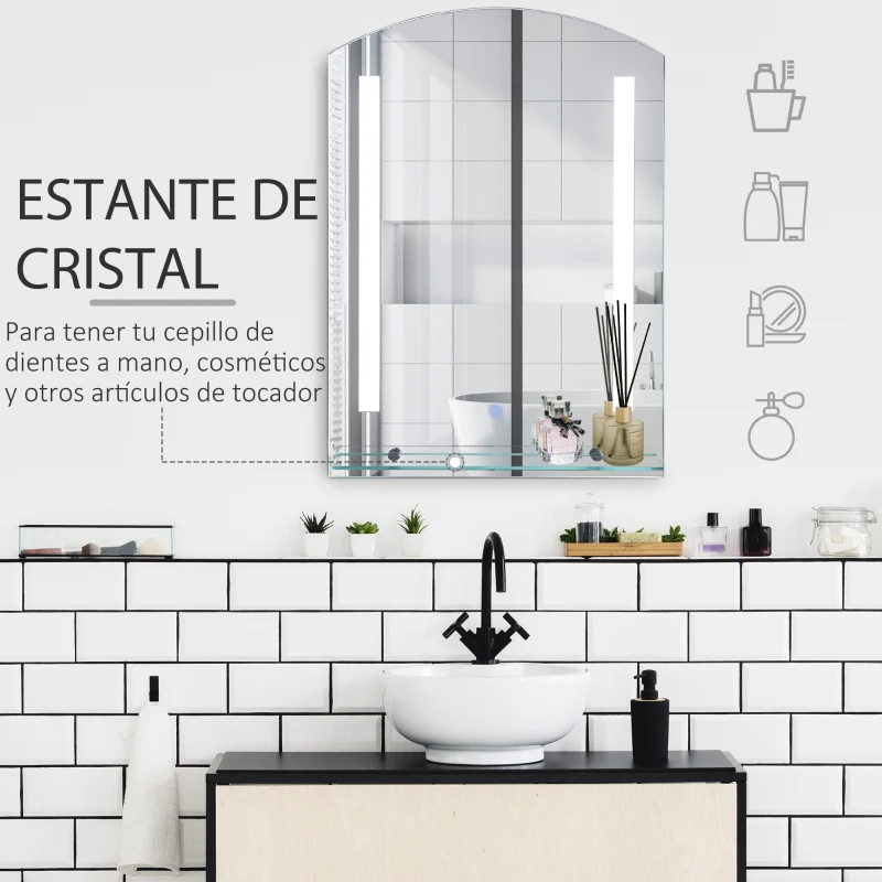 kleankin Espejo de Baño con Luces LED 70x50 cm Espejo para Baño con Interruptor Táctil Iluminación Regulable y Estante de Vidrio para Salón Entrada Plata